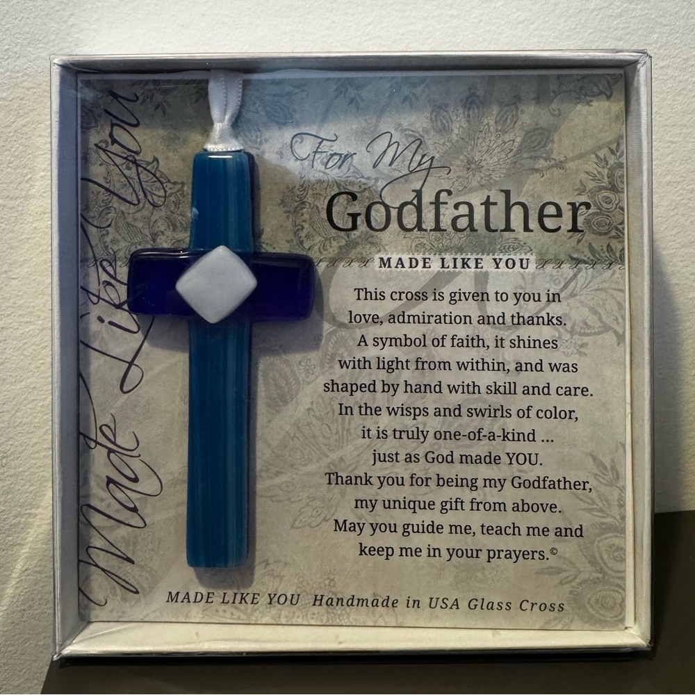 Handmade Blue and White Glass Cross - Godfather Gift